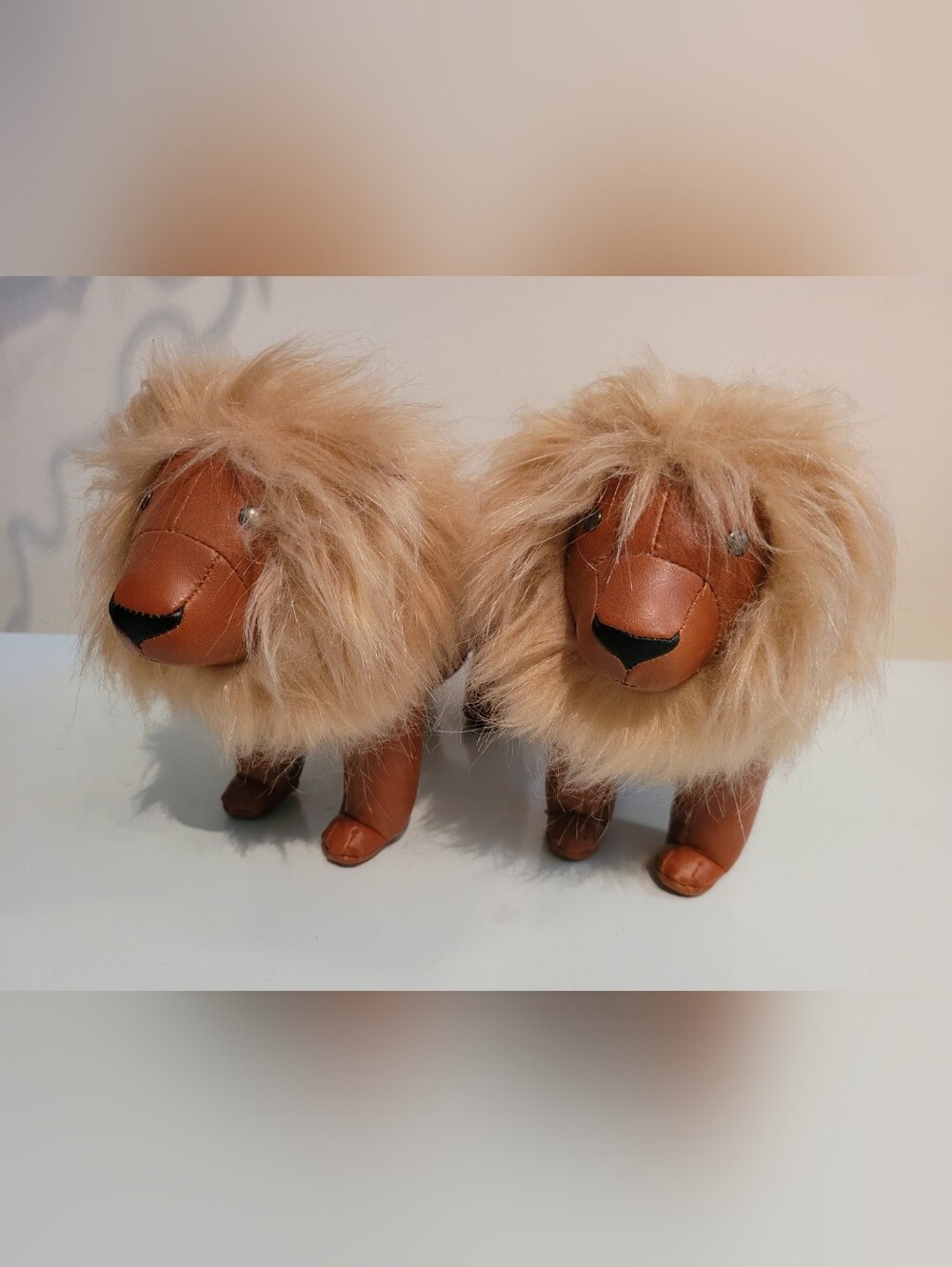 Plush Faux Leather Lion Bookend Pair in Tan with Fur Mane. Original $210.